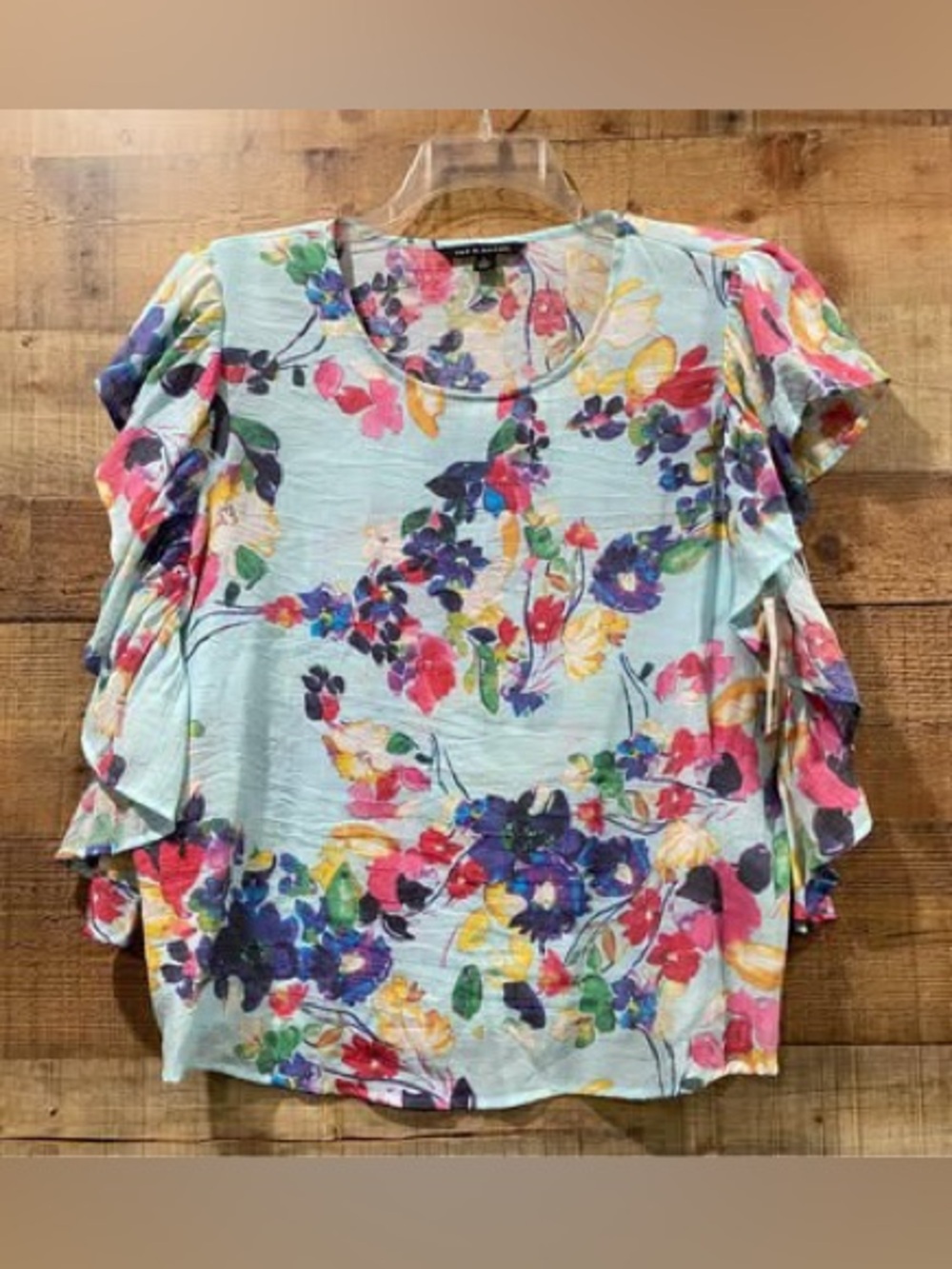 Zac & Rachel Light Blue Floral Ruffle-Sleeve Top Size Large
